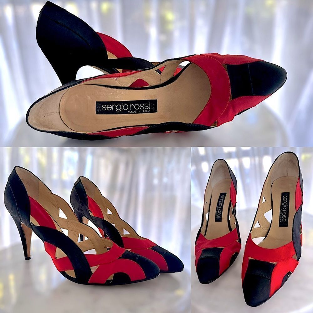 Vintage 80s 90s Sergio Rossi black Red matte satin heels Size 38